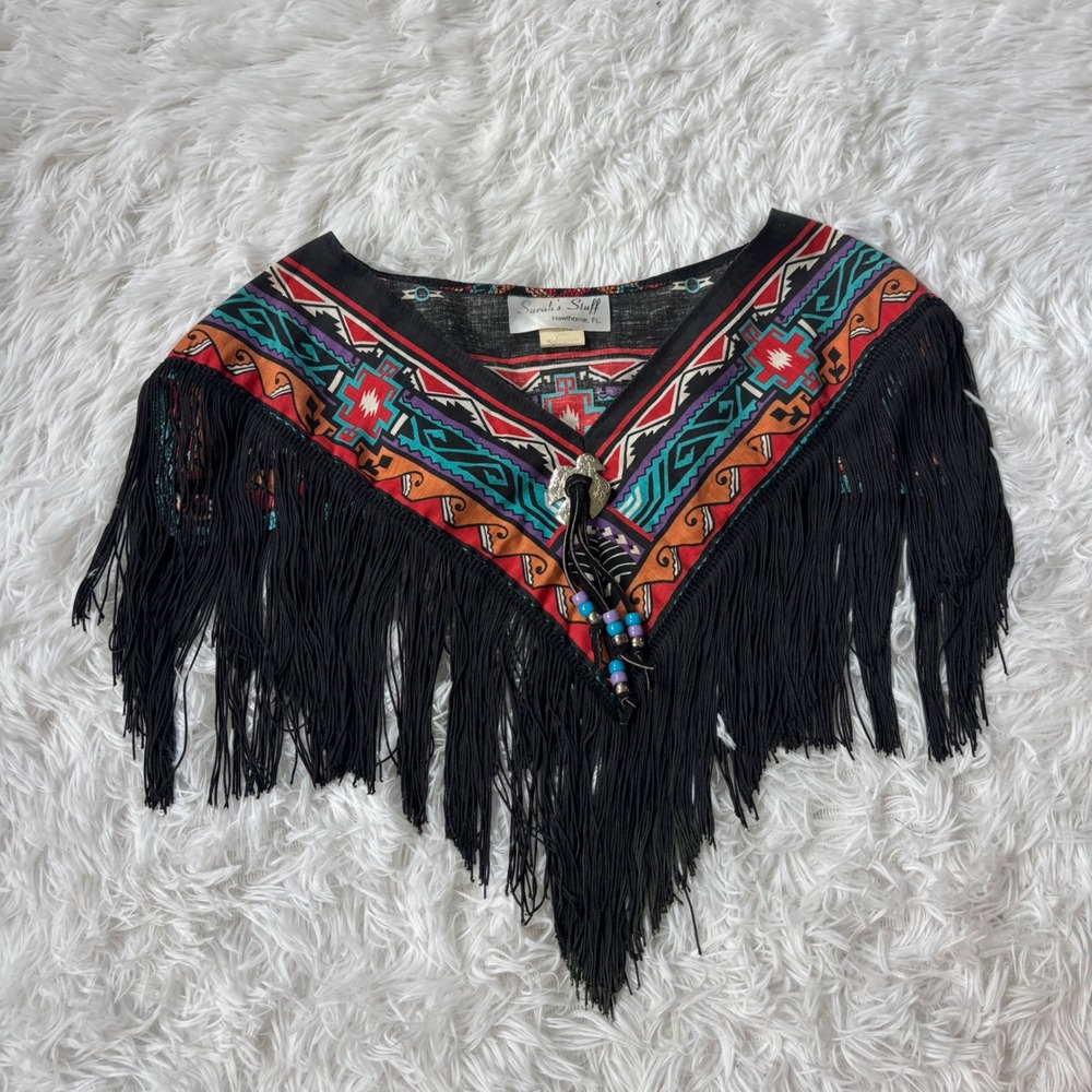 Vintage 80s Sarah's Stuff Tribal Shawl Fringe Poncho Cape Southwest Beaded Black